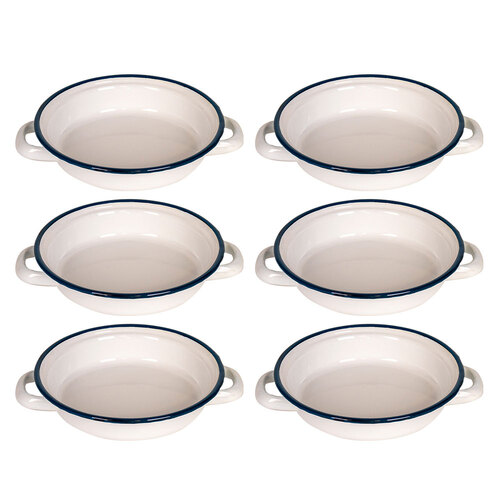 6x Urban Style Enamelware 16x7cm Ragout Plate Dish Handles w/ Blue Rim White
