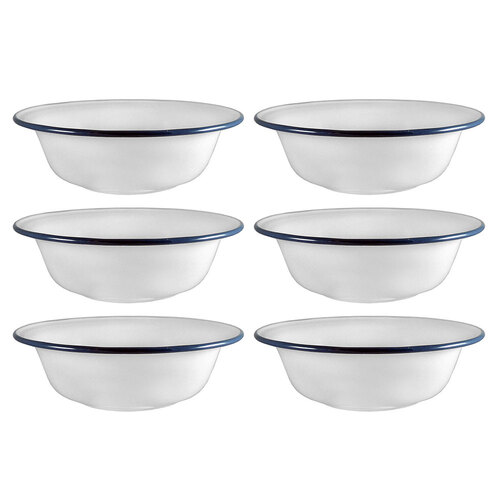 6x Urban Style Enamelware 20cm/750ml Side Salad Bowl w/ Blue Rim - White