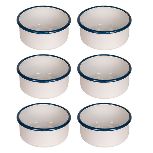 6x Urban Style Enamelware 12cm/300ml Round Bowl w/ Blue Rim - White