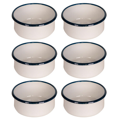 6x Urban Style Enamelware 14cm/550ml Round Bowl w/ Blue Rim - White