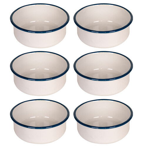 6x Urban Style Enamelware 16cm/900ml Round Bowl w/ Blue Rim - White