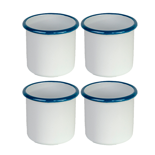 4x Urban Style Enamelware 280ml 7.5cm Porcelain w/ Blue Rim Tumbler - White