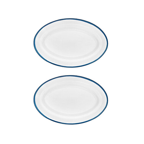 2x Urban Style Enamelware 30cm Oval Tray w/ Blue Rim - White