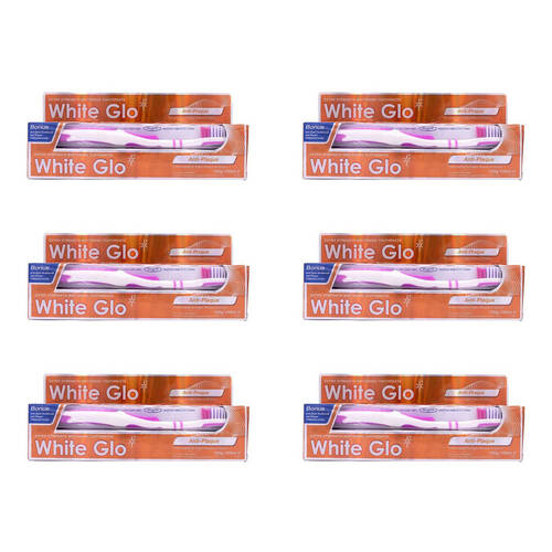 6x 2pc White Glo Anti-Plaque Toothbrush & Toothpaste Dental Care Set 100ml