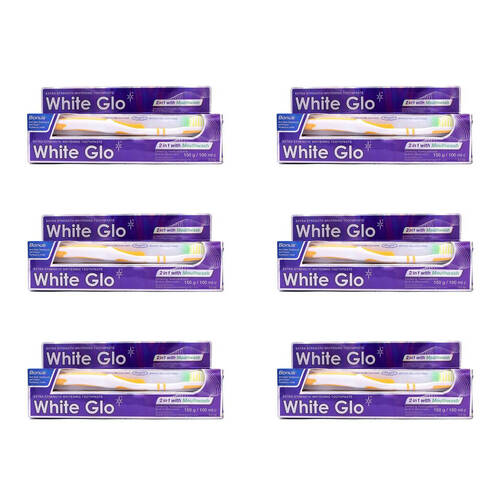 6x 2pc White Glo 2in1 w/ Mouthwash Toothbrush & Whitening Toothpaste Set 100ml