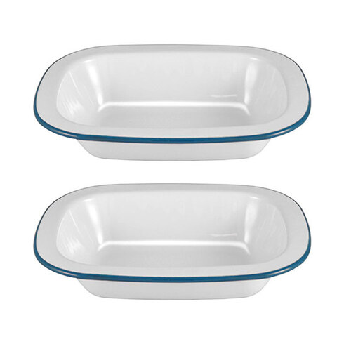 2x Urban Style Enamelware 18cm Pie Dish w/ Blue Rim - White