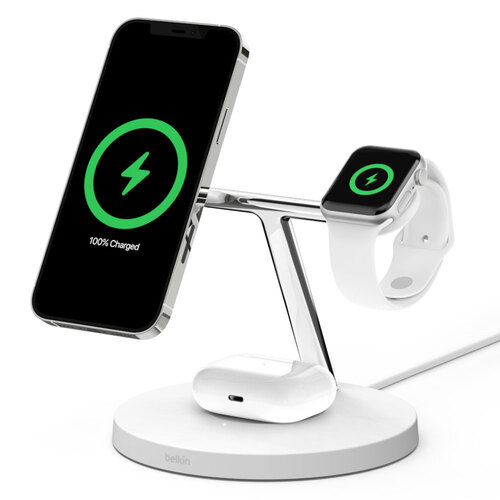 Belkin 15W Magsafe 3 in 1 Magnetic Wireless Charger - White