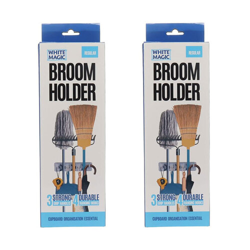 2PK White Magic Broom Holder Storage Organisation Rack - Regular