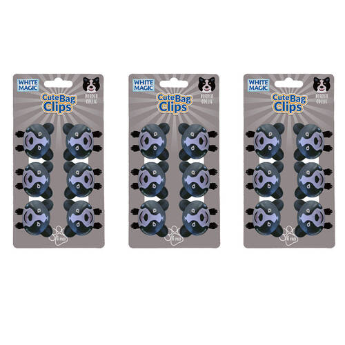 3x 6pc White Magic Cute Tidy Bag Clip Food Saver Sealer Set 4.5cm Border Collie