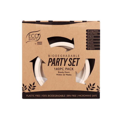 140pc Eco Basics Biodegradable Party Set Spoon/Plate/Fork Cutlery
