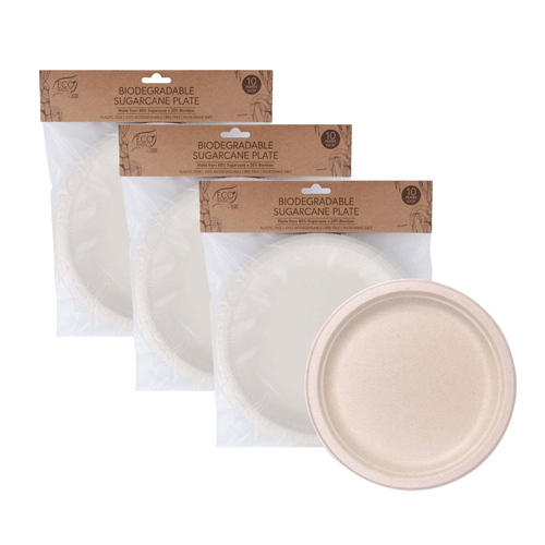 3x 10pc Eco Basic 23cm Biodegradable Eco-Friendly Sugarcane Dining Plate