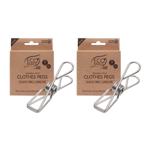 2x 9PK Eco Basics 9cm Stainless Steel Clothes Pegs Hanging/Drying Fabric