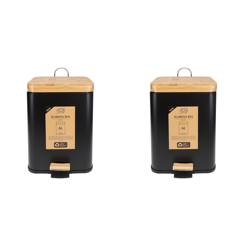 2PK Eco Basics Rubbish Bin Square 6L w/ Soft Close Lid - Black
