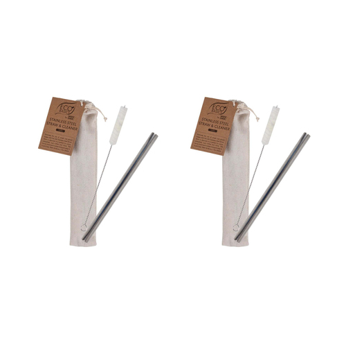 2x Eco Basics 25cm Stainless Steel Drink/Beverage Straw & Cleaner