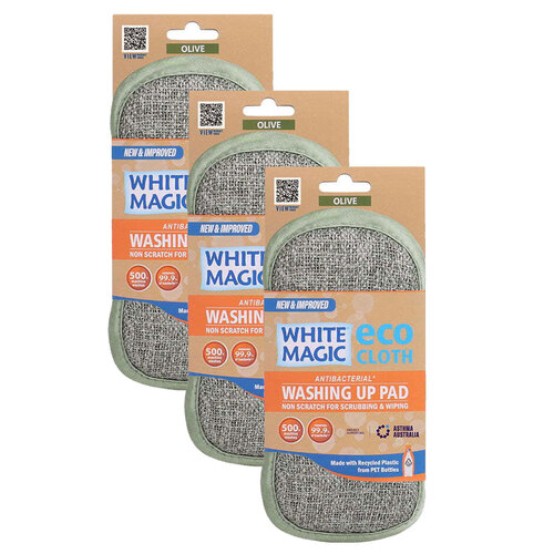 3x White Magic Double-Sided Dish Washing Up Pad - Olive