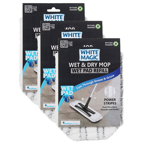 3x White Magic 40cm Microfibre Pad Refill For Wet & Dry Mop Dry - White