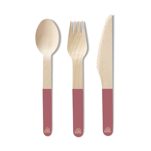 24pc Eco SouLife Wooden Fork/Knife/Spoon Cutlery Set Red