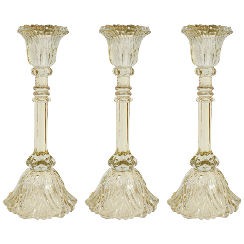 3PK LVD Glass 25cm Large Belle Taper Stick Candle Holder - Champagne