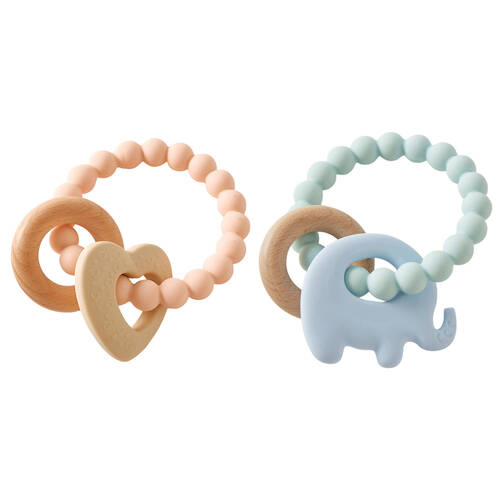 2PK Jiggle & Giggle Silicone Wood Baby Teether Toy Wren Assorted