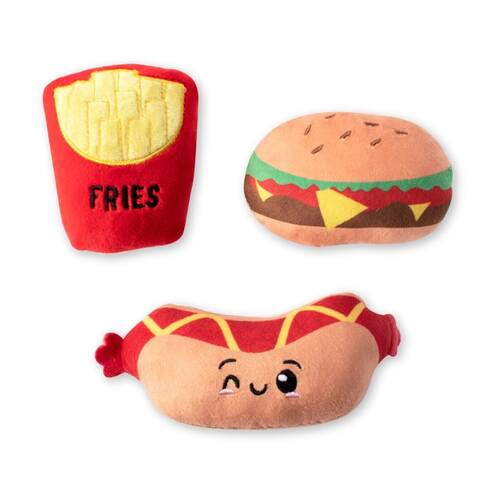 3pc Petshop By Fringe Studio Fast Foods Plush Dog Toy Set Fries/Burger/Hotdog
