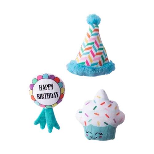 3pc Fringe Studio Small Plush Dog Toy Set Happy Bark Day Birthday Party Hat