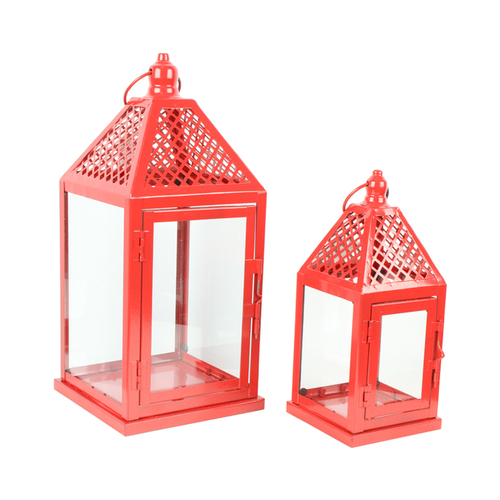 2pc Colours Of Christmas Metal/Glass 32cm/26cm Xmas Lantern Set - Red