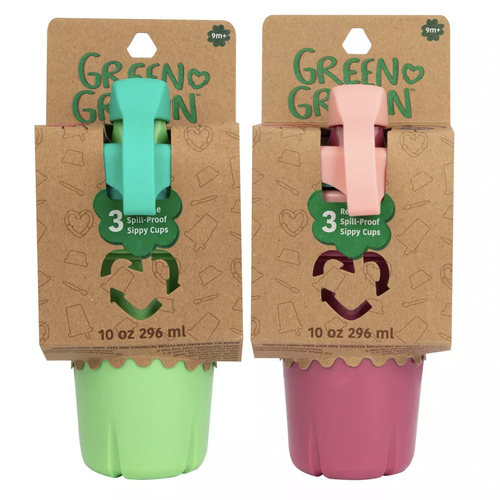 2x 3pc Green Grown 10oz/296ml Spill Proof Sippy Cups Kids 9m+ Assorted