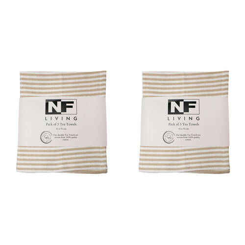 2x 3pc NF Home & Entertaining Essentials Maison Tea Towel 25x18cm Striped Beige